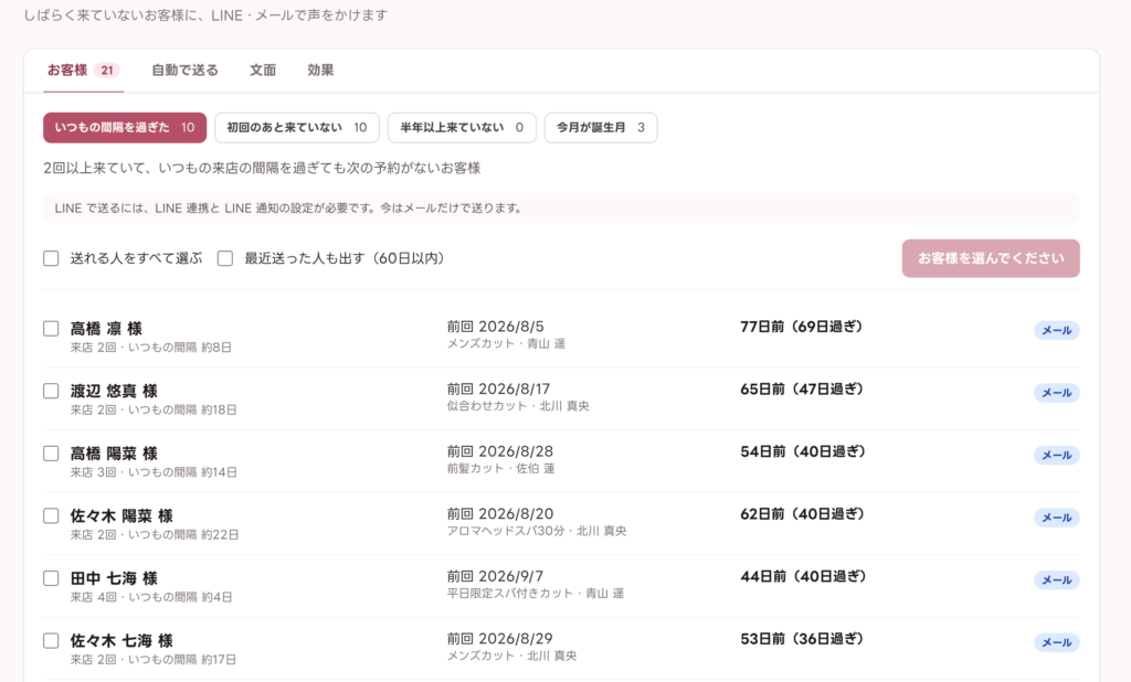 再来店のお声がけ。声をかけたいお客様の一覧