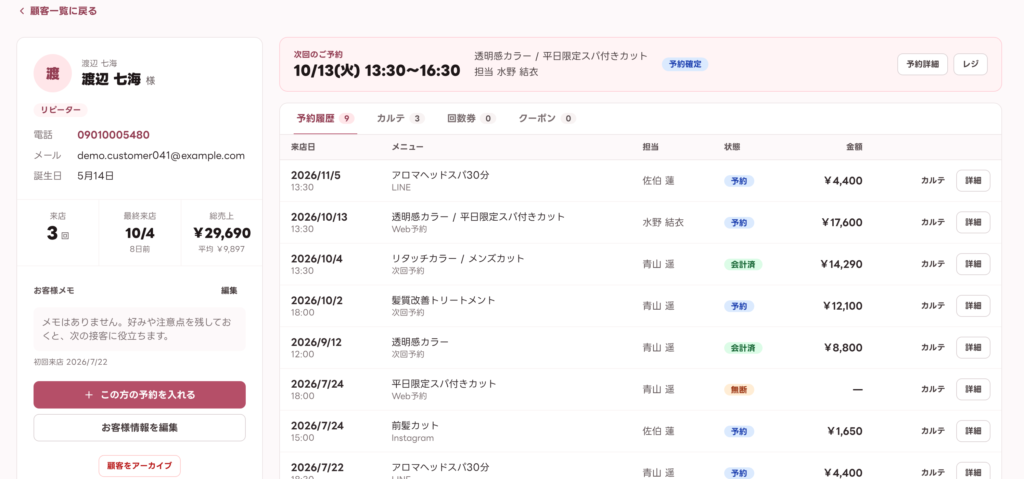顧客詳細。来店回数・総売上・次回のご予約・予約履歴とカルテ