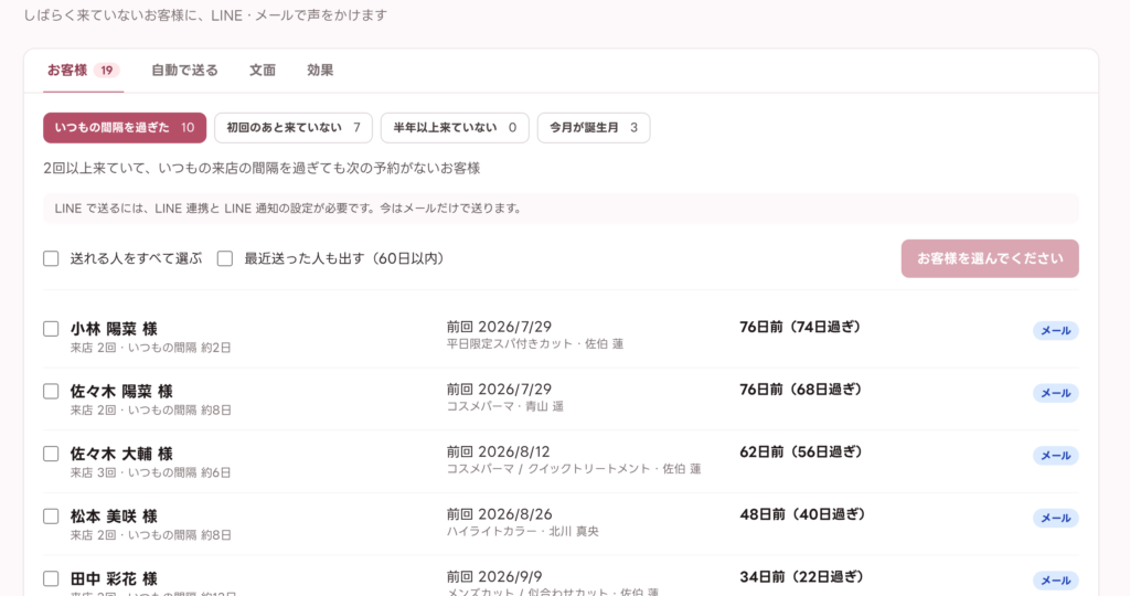 再来店のお声がけ。いつもの間隔を過ぎたお客様の一覧